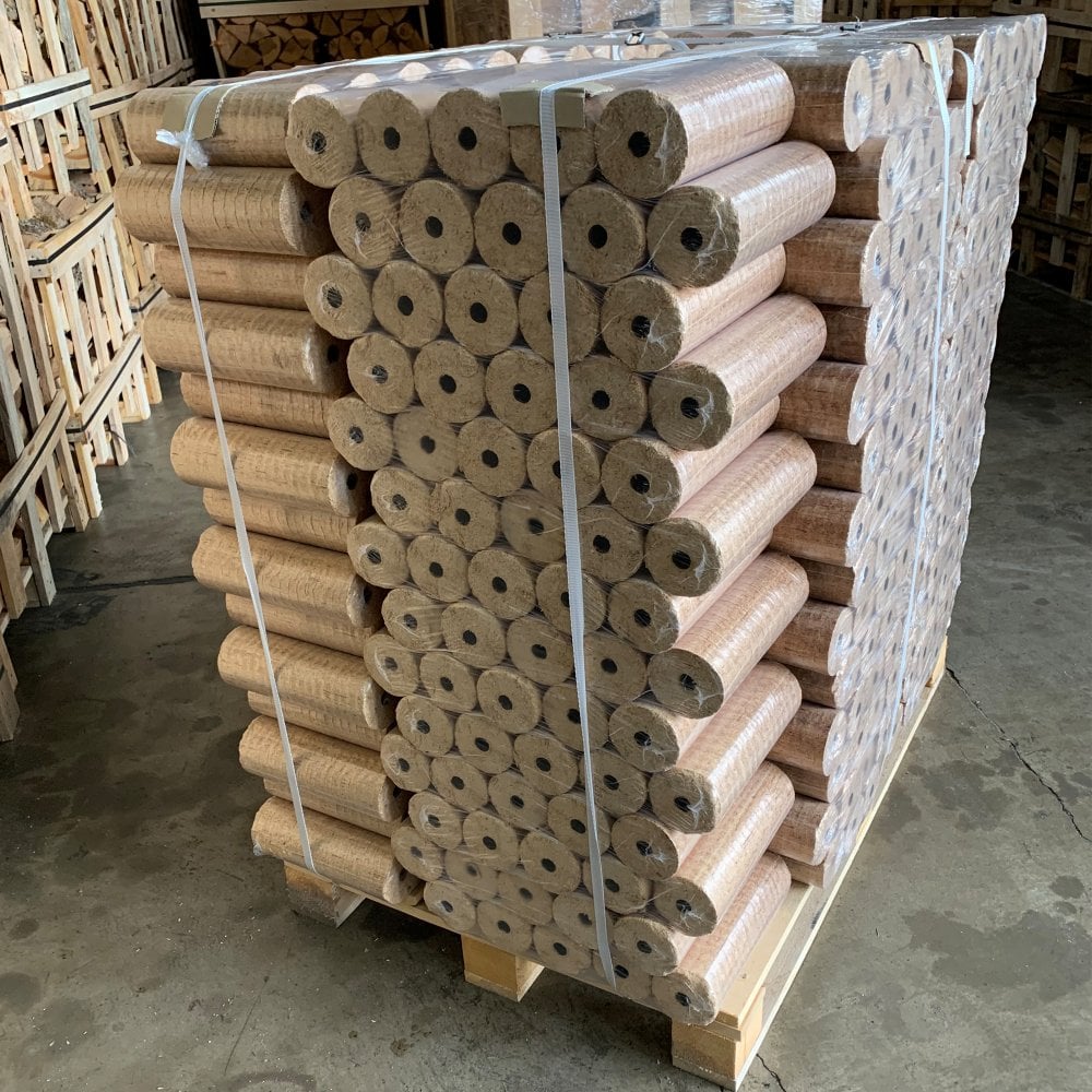 Compressed RUF-style hardwood briquettes stacked for dispatch